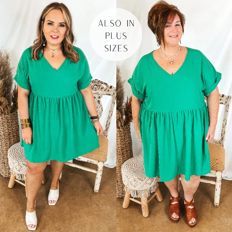 Doll Dress with Lace Back Detail -Touring the City V Neck Babydoll Dress in Green