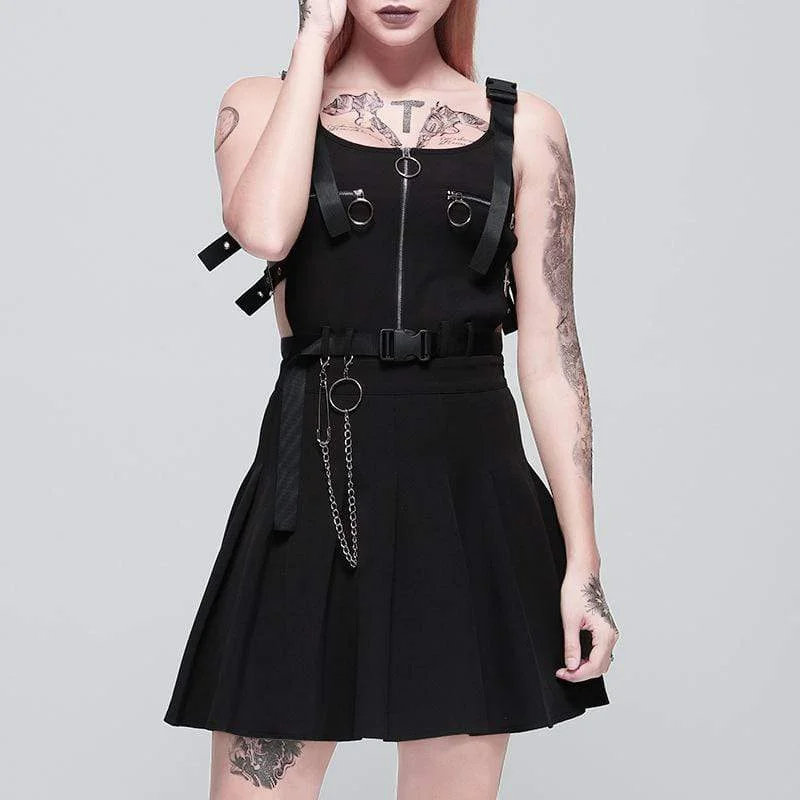 Slip Dress with Draped Skirt -Silk Slip Dress for Bridal -Women's Goth Front Zipper Black Slip Dress with Waist Chain Slip Dress with Draped Skirt -Silk Slip Dress for Bridal -Women's Goth Front Zipper Black Slip Dress with Waist Chain