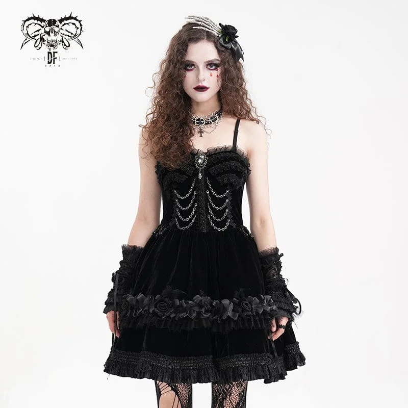 Soft Slip Dress for Day-to-Night -Satin Black Slip Dress with Lace-up Back -Women's Gothic Chain Ruffled Lace Short Slip Dress Soft Slip Dress for Day-to-Night -Satin Black Slip Dress with Lace-up Back -Women's Gothic Chain Ruffled Lace Short Slip Dress