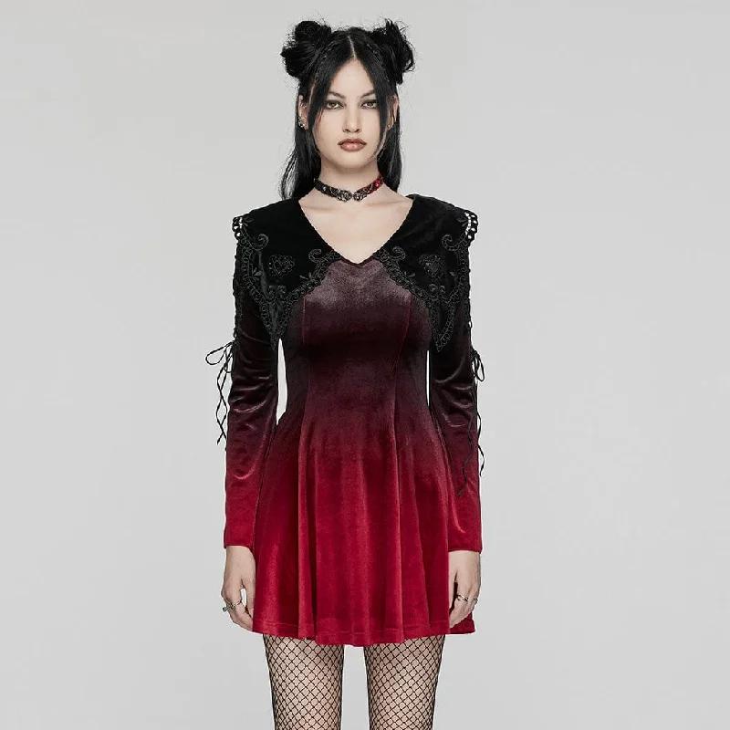 Doll Dress with Scalloped Edges -Women's Gothic Doll Collar Gradient Velvet Prom Dress Red Doll Dress with Scalloped Edges -Women's Gothic Doll Collar Gradient Velvet Prom Dress Red