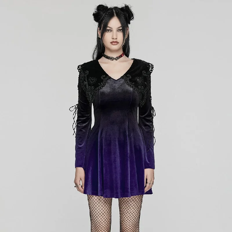 Doll Dress with Ruffled Hemline -Women's Gothic Doll Collar Gradient Velvet Prom Dress Violet Doll Dress with Ruffled Hemline -Women's Gothic Doll Collar Gradient Velvet Prom Dress Violet