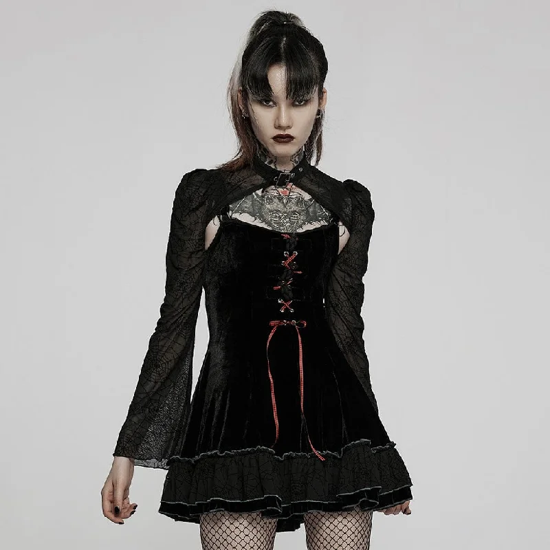 Red Slip Dress -Sleeveless Black Slip Dress -Women's Gothic Lacing-up Velet Slip Dress with Lace Cape Red Slip Dress -Sleeveless Black Slip Dress -Women's Gothic Lacing-up Velet Slip Dress with Lace Cape