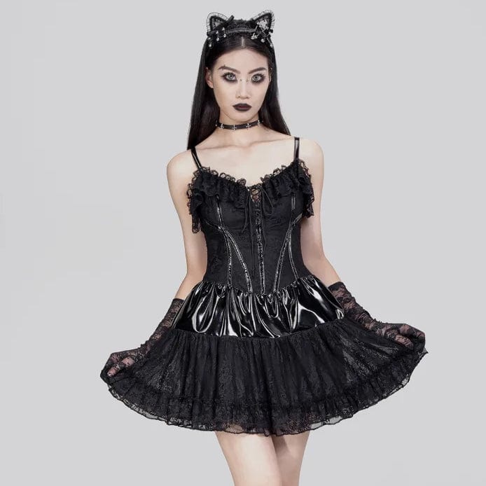 Luxe Satin Slip Dress for High-End Event -Black Satin Slip Dress for Special Event -Women's Gothic Ruffled Lace Splice Patent Leather Slip Dress Luxe Satin Slip Dress for High-End Event -Black Satin Slip Dress for Special Event -Women's Gothic Ruffled Lace Splice Patent Leather Slip Dress
