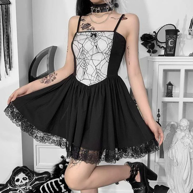 Open-back Slip Dress -Satin Slip Dress for Night Out -Women's Gothic Spider Web Splice Slip Dress Open-back Slip Dress -Satin Slip Dress for Night Out -Women's Gothic Spider Web Splice Slip Dress