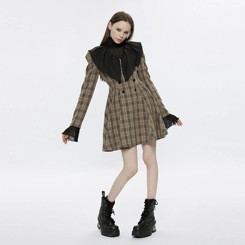 Doll Dress with Lace Trim on Sleeves -Women's Grunge Doll Collar Plaid Dress