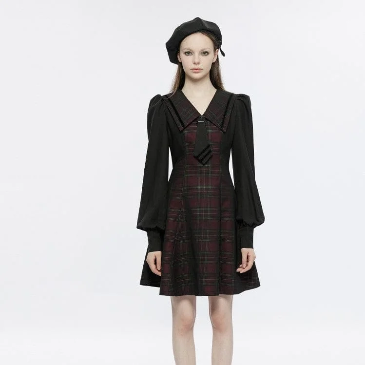 Doll Dress with Sparkling Tulle -Women's Grunge Doll Collar Plaid Dress with Tie