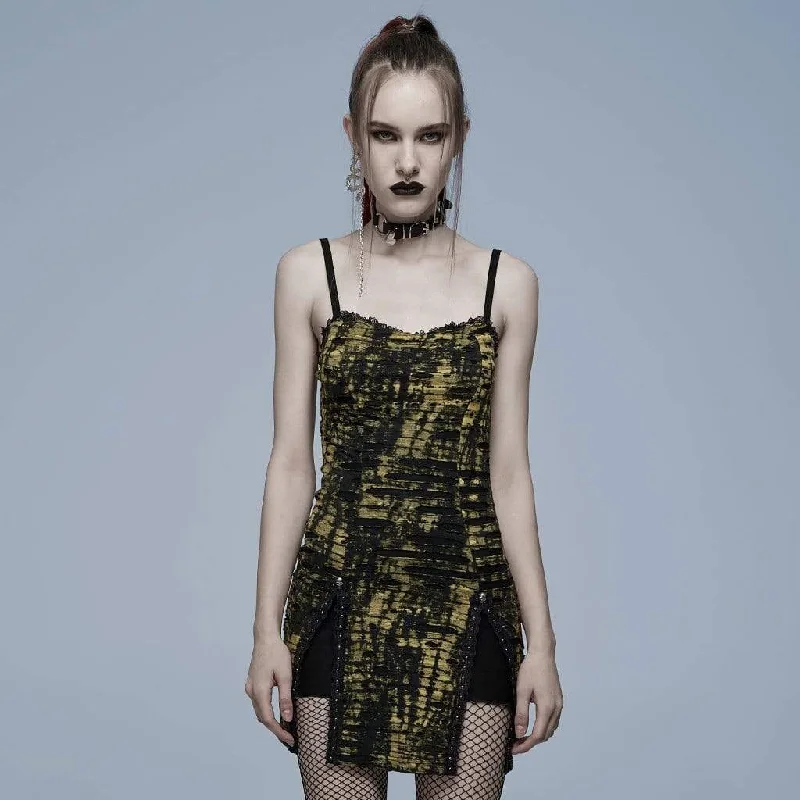 High-neck Slip Dress -Slip Dress with Metallic Finish -Women's Grunge Double Color Side Slit Slip Dress High-neck Slip Dress -Slip Dress with Metallic Finish -Women's Grunge Double Color Side Slit Slip Dress