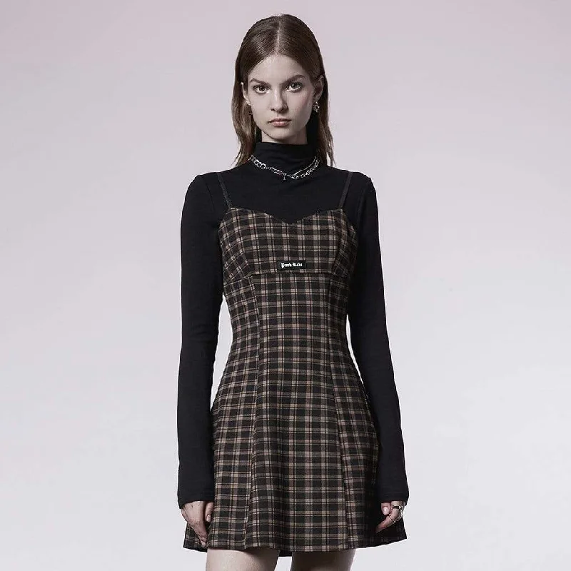 Slip Dress with Ruching -Long Sleeve Slip Dress -Women's Grunge Slim Fitted Plaid Slip Dress Slip Dress with Ruching -Long Sleeve Slip Dress -Women's Grunge Slim Fitted Plaid Slip Dress