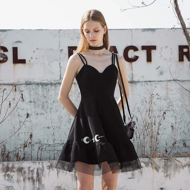 Plus Size Satin Slip Dress -Slip Dress with Halter Neck -Women's Grunge Star Moon Printed Mesh Hem Black Slip Dresses Plus Size Satin Slip Dress -Slip Dress with Halter Neck -Women's Grunge Star Moon Printed Mesh Hem Black Slip Dresses