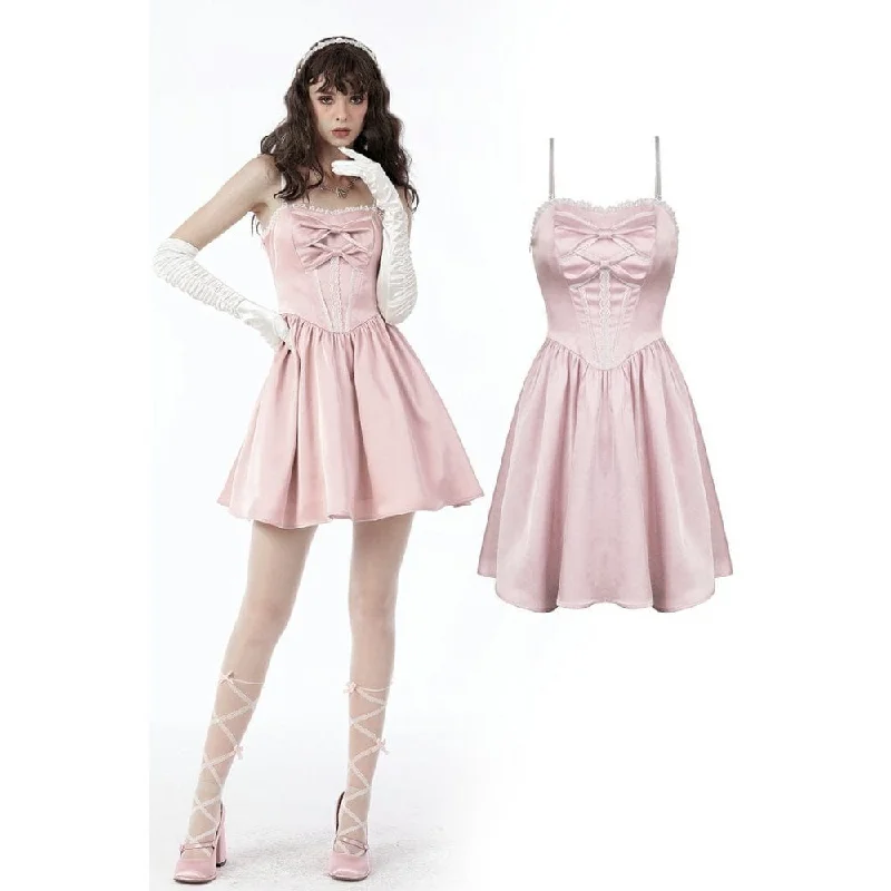 Lace Slip Dress -Satin Slip Dress with Lace -Women's Lolita Pink Bowknot Slip Dress Lace Slip Dress -Satin Slip Dress with Lace -Women's Lolita Pink Bowknot Slip Dress