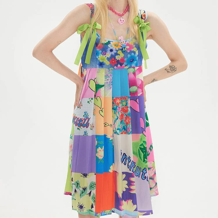 Satin Slip Dress with Open Back -Silk Slip Dress -Women's Pink Kawaii Floral Plaid Splice Slip Dress Satin Slip Dress with Open Back -Silk Slip Dress -Women's Pink Kawaii Floral Plaid Splice Slip Dress