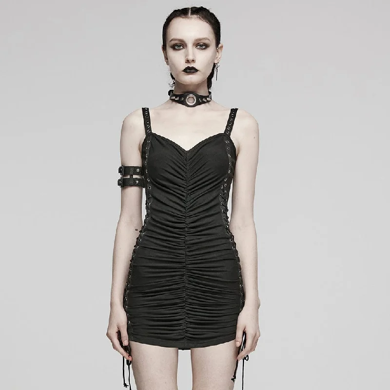 Satin Slip Dress for Casual Nights -Satin Slip Dress for Evening with Lace Detail -Women's Punk Buckle Lace-Up Distressed Slip Dress Black Satin Slip Dress for Casual Nights -Satin Slip Dress for Evening with Lace Detail -Women's Punk Buckle Lace-Up Distressed Slip Dress Black