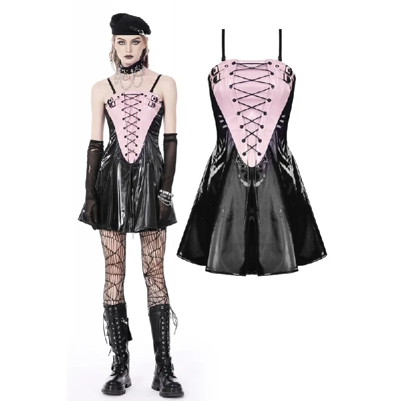Black Satin Slip Dress with Soft Finish -Summer Slip Dress -Women's Punk Contrast Color Patent Leather Slip Dress Black Satin Slip Dress with Soft Finish -Summer Slip Dress -Women's Punk Contrast Color Patent Leather Slip Dress