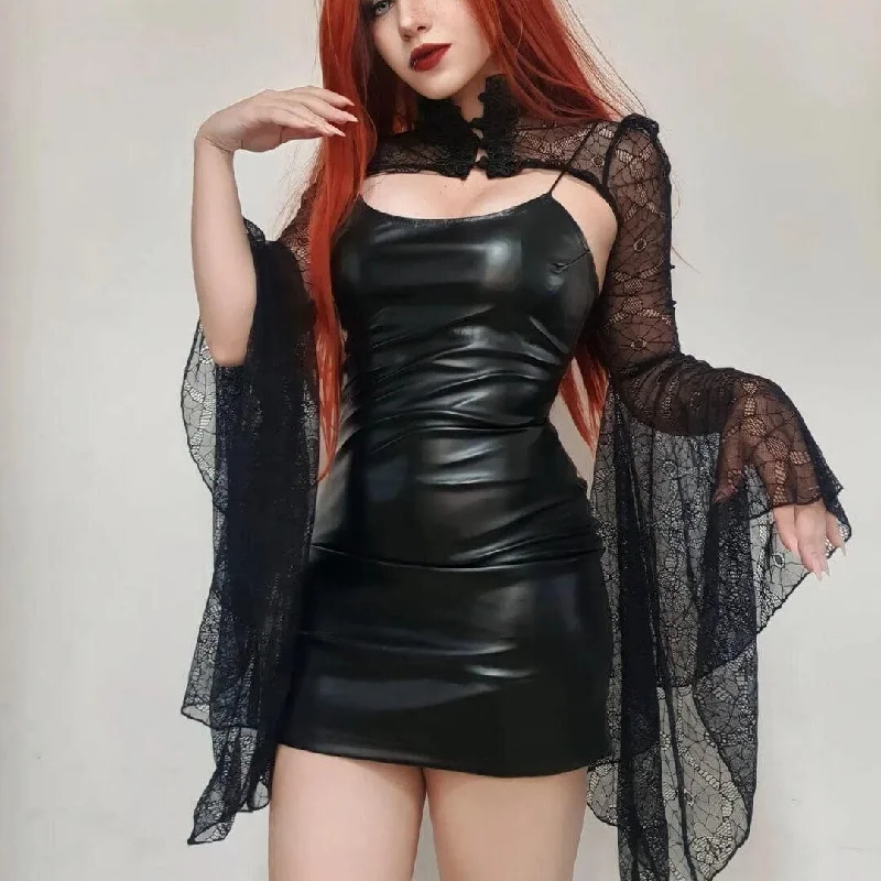 Slip Dress with Adjustable Straps -Slip Dress with Bow Detail -Women's Punk Faux Leather Slip Dress with Lace Cape Slip Dress with Adjustable Straps -Slip Dress with Bow Detail -Women's Punk Faux Leather Slip Dress with Lace Cape
