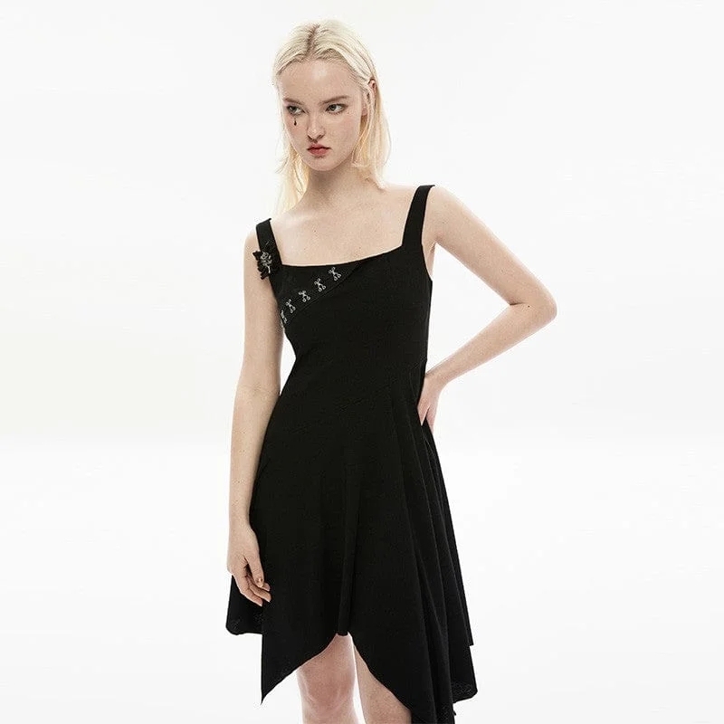 Slip Dress with Lace Detail -Slip Dress with Ribbon Detail -Women's Punk Irregular Hem Black Slip Dress Slip Dress with Lace Detail -Slip Dress with Ribbon Detail -Women's Punk Irregular Hem Black Slip Dress