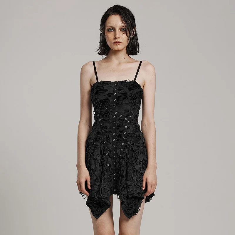 Lace and Satin Slip Dress for Evening -Women's Black Slip Dress for Wedding Reception -Women's Punk Ripped Eyelet Irregular Slip Dress Black Lace and Satin Slip Dress for Evening -Women's Black Slip Dress for Wedding Reception -Women's Punk Ripped Eyelet Irregular Slip Dress Black
