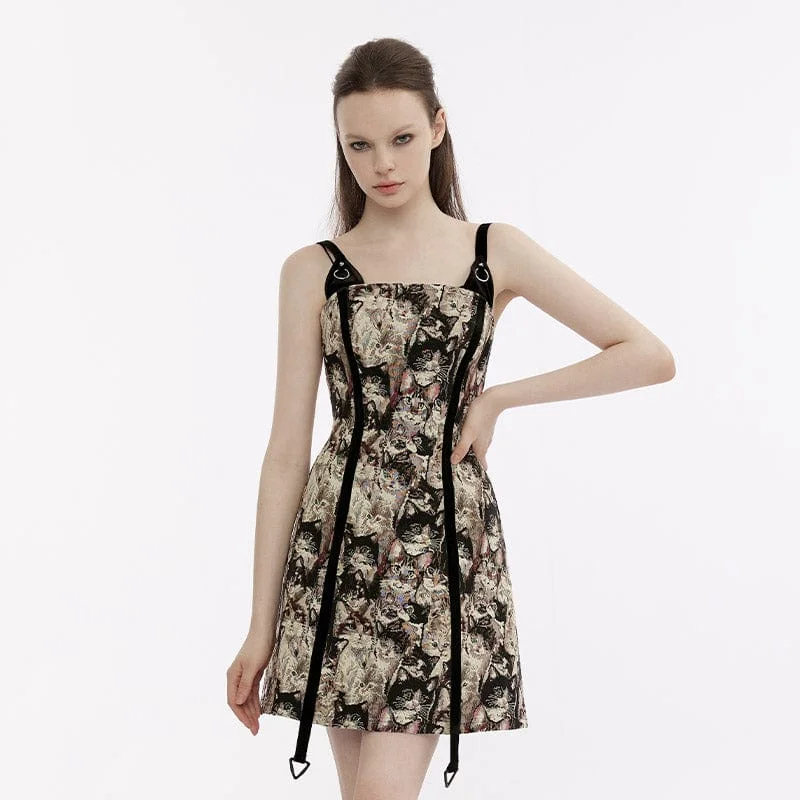 Short Satin Slip Dress for Day Party -Elegant Slip Dress -Women's Vintage Strappy Cat Printed Slip Dress