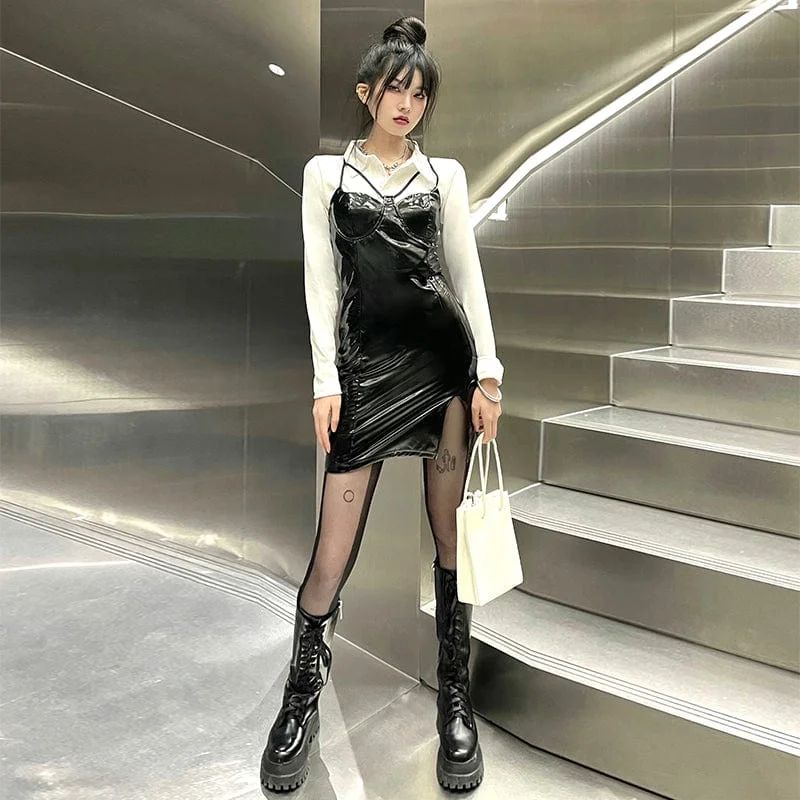 Slip Dress for Evening -Midi Slip Dress -Women's Punk Side Slit Faux Leather Slip Dress Slip Dress for Evening -Midi Slip Dress -Women's Punk Side Slit Faux Leather Slip Dress