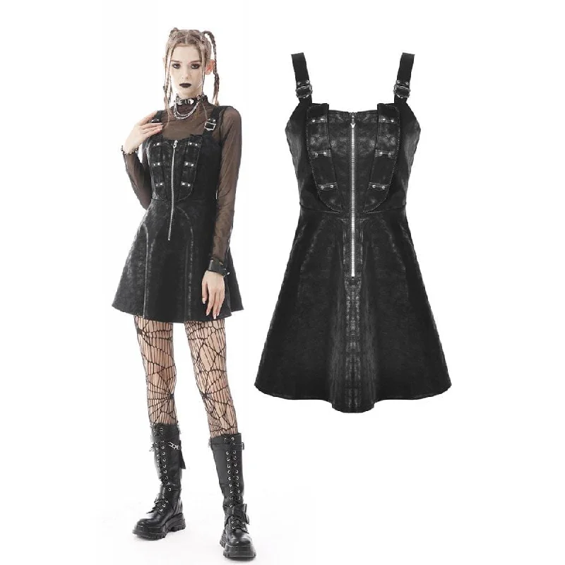 Slip Dress for Cocktail Party -Casual Satin Slip Dress -Women's Punk Zipper Faux Leather Slip Dress
