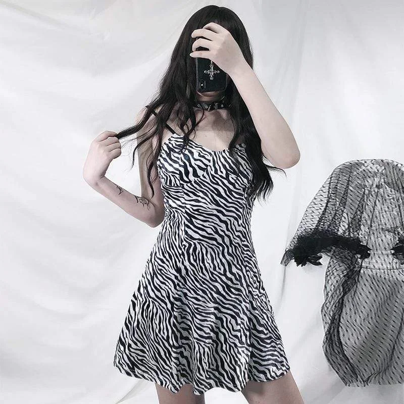 Slip Dress with Open Back -Sexy Slip Dress with Sheer Details -Women's Zebra-Stripe Fitted Slip Dresses