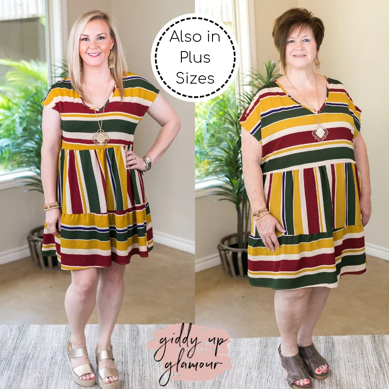 Doll Dress with Geometric Pattern -Last Chance Size Small | Going To Be Good V Neck Stripe Babydoll Dress in Mustard Yellow Doll Dress with Geometric Pattern -Last Chance Size Small | Going To Be Good V Neck Stripe Babydoll Dress in Mustard Yellow