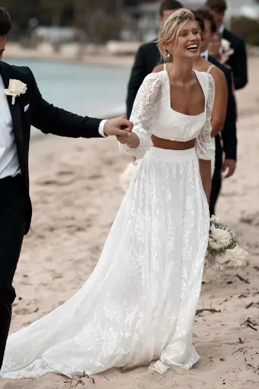 Champagne Wedding Dresses for Soft Look -Two Piece A Line Floral Lace Lantern Sleeve Long Beach Wedding Dress OK1563