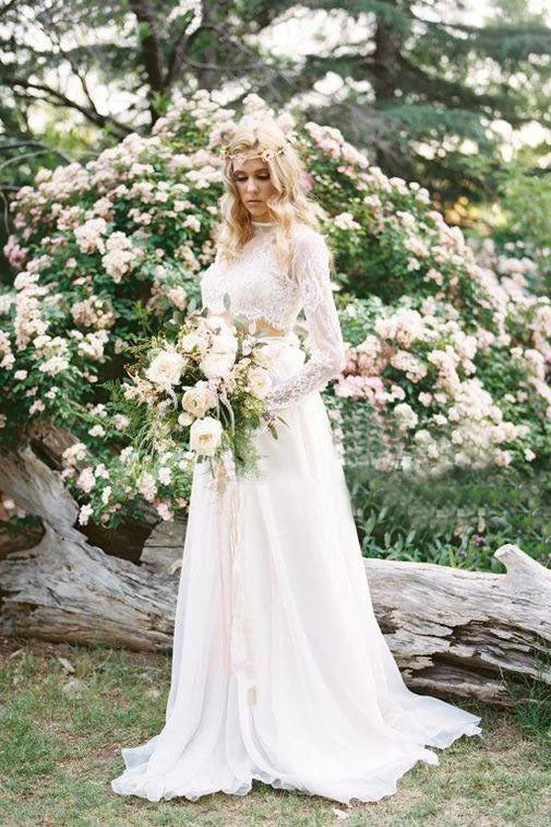 Lace and Satin Wedding Dresses for a Classic Look -2 Pieces Lace Top Chiffon Skirt Romantic Long Sleeves Wedding Dress OKM82 Lace and Satin Wedding Dresses for a Classic Look -2 Pieces Lace Top Chiffon Skirt Romantic Long Sleeves Wedding Dress OKM82