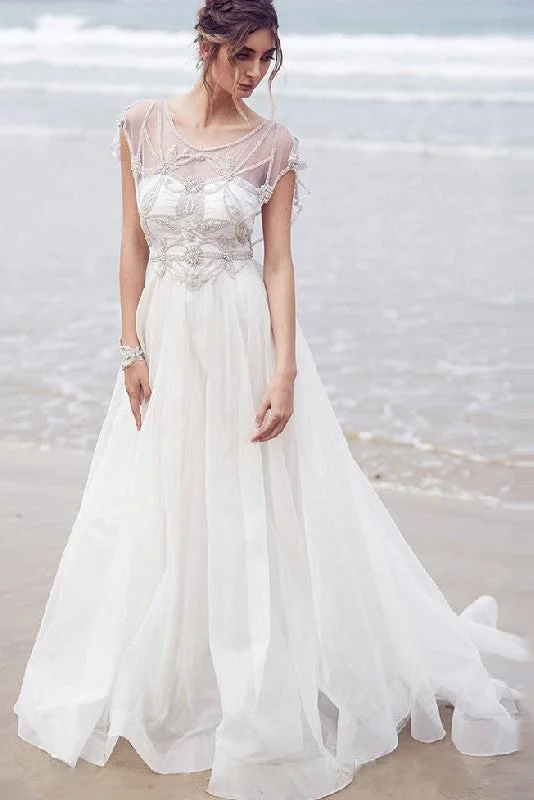 Luxe Satin Wedding Dresses for Glamorous Appeal -Beading A Line Round Neck Sexy Long Beach/Coast Wedding Dress OK266