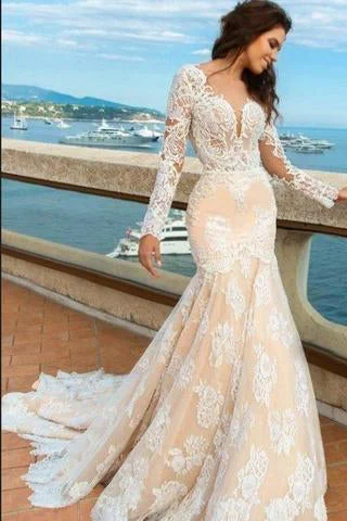 Soft Tulle Wedding Dresses for Elegant Vibe -New Lace Mermaid Deep V-Neck Backless Long Sleeves Backless Wedding Dress OK773