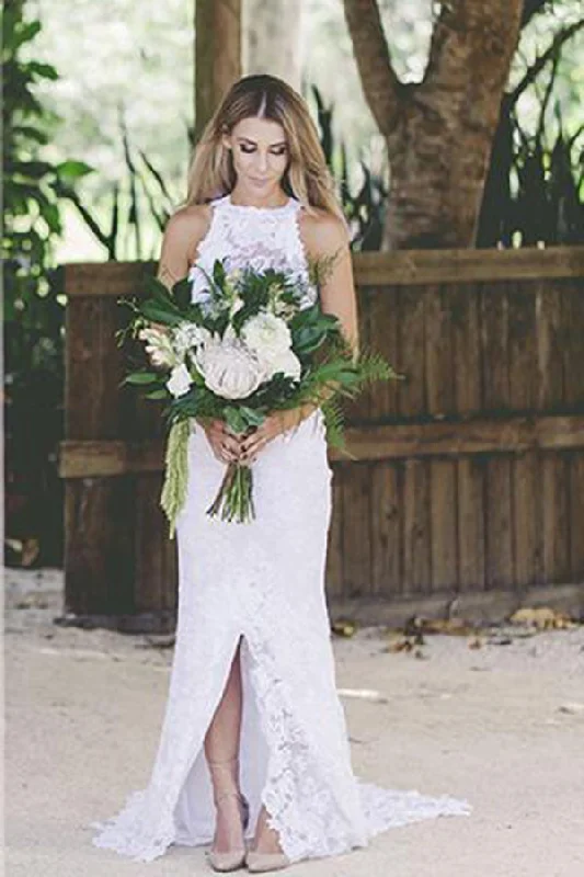 Simple Lace Wedding Dresses for Timeless Style -New Open Back Sleeveless Lace Beach Wedding Dresses,White Bridals Dress OK805