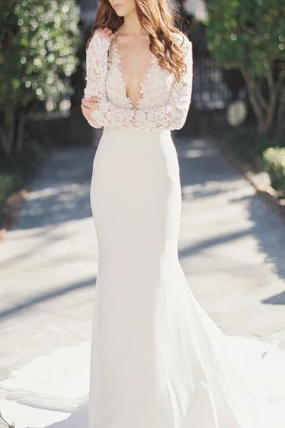 Modern Boho Wedding Dresses for Trendy Brides -New Sexy Deep V-Neck Lace Top Long Sleeves Mermaid Wedding Dress OK803