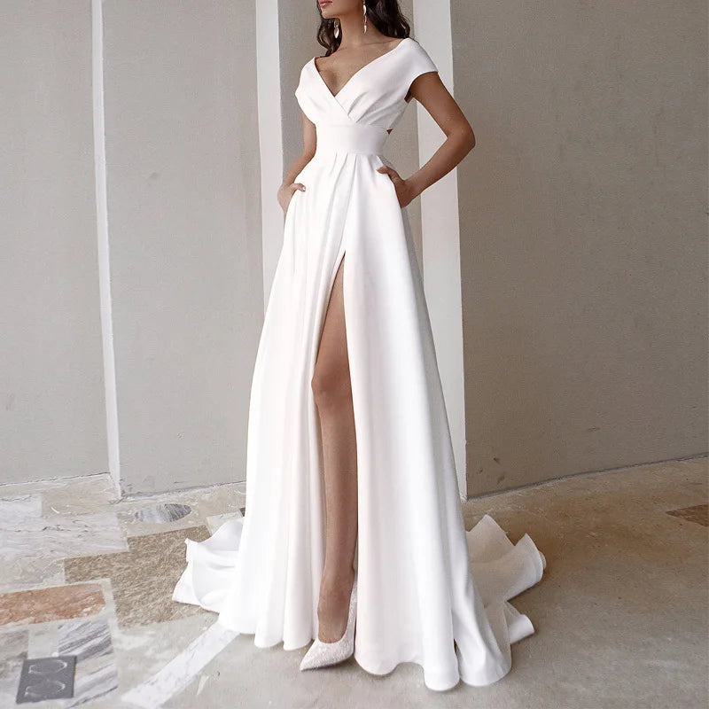 Elegant Wedding Dresses for Classic Brides -Long Dress Ruffle Edge Red Black White Mid Rise Solid Elegant Commuting Evening