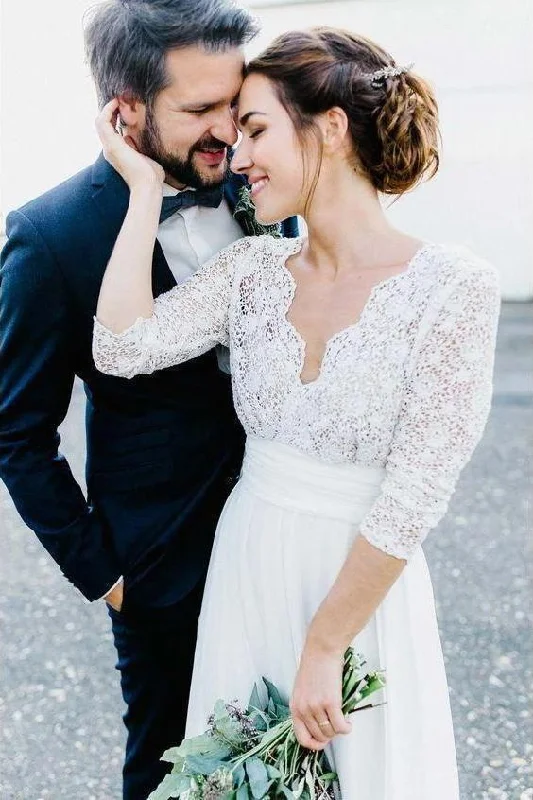 Silk Wedding Dresses with Embellished Waist for Extra Glam -3/4 Sleeves Chiffon Beach Wedding Dresses with Lace, V Neck Backless Bridal Dress OKN90 Silk Wedding Dresses with Embellished Waist for Extra Glam -3/4 Sleeves Chiffon Beach Wedding Dresses with Lace, V Neck Backless Bridal Dress OKN90