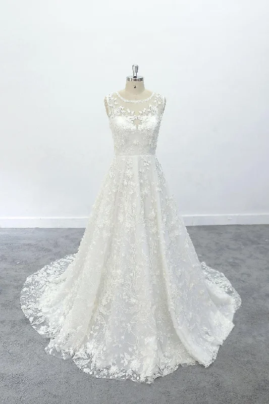 Tulle Wedding Dresses with High Neckline for Elegant Coverage -3D Flowers A-line Round Neck Wedding Dress with V Back Lace Bridal Dress OKU68