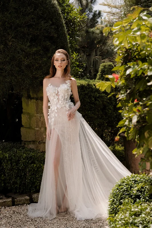 Simple Wedding Dresses for Effortless Style -3D Lace Wedding Dress with High Slit (#JUSTYNE) Simple Wedding Dresses for Effortless Style -3D Lace Wedding Dress with High Slit (#JUSTYNE)