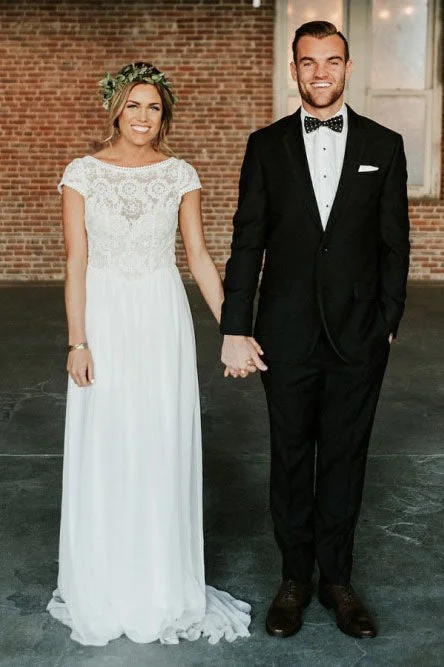 Sleek Satin Wedding Dresses for Minimalist Brides -A-line Bateau Cap Sleeves Open Back Bohemian Wedding Dress with Lace OKR21 Sleek Satin Wedding Dresses for Minimalist Brides -A-line Bateau Cap Sleeves Open Back Bohemian Wedding Dress with Lace OKR21