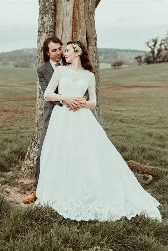 Silk and Tulle Wedding Dresses for Soft, Feminine Look -A Line Beteau Neck Half Sleeves V Backs Full Lace Long Wedding Dress OK1073