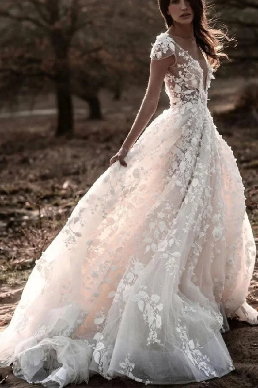 Wedding Dresses with Train for Dramatic Effect -A Line Cap Sleeves V-neck Lace Appliques Backless Long Wedding Dress OKZ40