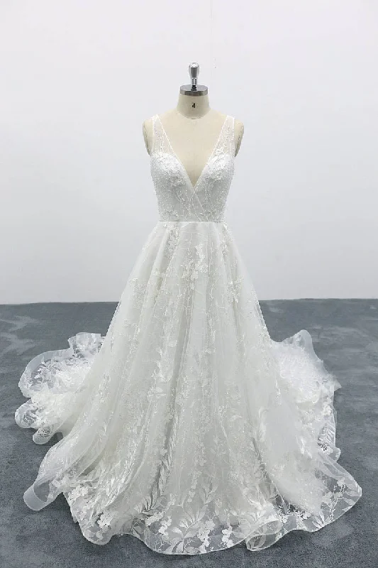 Wedding Dresses with Train for Dramatic Flair -A-line Deep V Neck Fairy Tale Wedding Dresses Lace Tulle Bridal Dresses OKU96