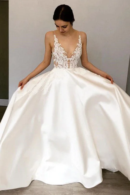 Wedding Dresses with Open Back for Bold Style -A Line Deep V-Neck Floor-Length Satin Wedding Dresses with Lace Appliques OKR42