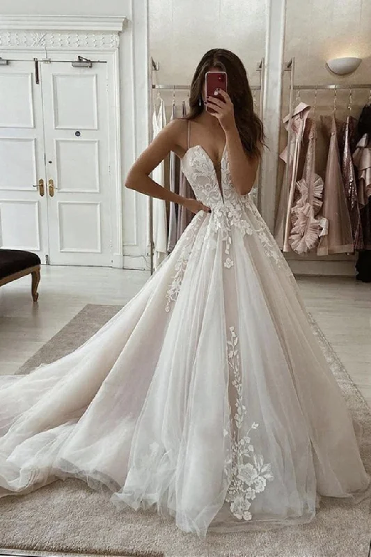 Silk Wedding Dresses for Classic Elegance -A Line Deep V Neck Ivory Lace Appliques Wedding Dress Chic Ivory Bridal Dress OKZ38