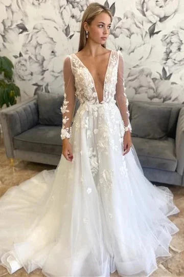 Vintage Wedding Dresses with Beading for Timeless Elegance -A-Line Floral Appliques Off White Plunging Neck Long Sleeves Backless Wedding Dress OK1906