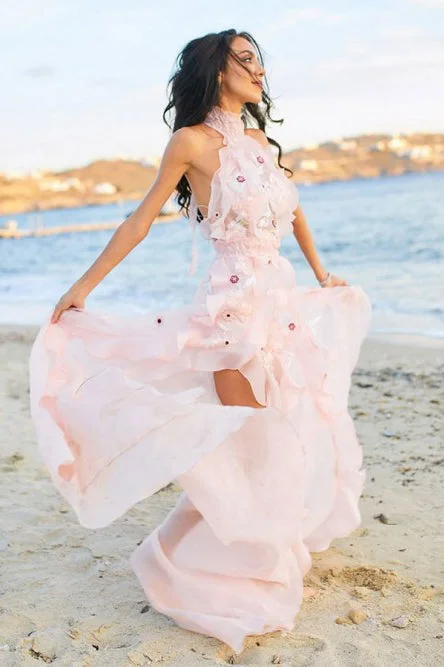 Minimalist Wedding Dresses with Clean Lines for Modern Brides -A-Line Halter Backless Light Pink Chiffon Beach Wedding Dress with Appliques Ruffles OKR83 Minimalist Wedding Dresses with Clean Lines for Modern Brides -A-Line Halter Backless Light Pink Chiffon Beach Wedding Dress with Appliques Ruffles OKR83