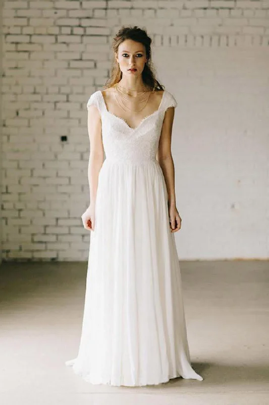 Ruched Wedding Dresses for Slimming Effect -A-Line Ivory Lace Cap Sleeve Vintage Chiffon Wedding Dress,V neck Bridal Dress OK538 Ruched Wedding Dresses for Slimming Effect -A-Line Ivory Lace Cap Sleeve Vintage Chiffon Wedding Dress,V neck Bridal Dress OK538