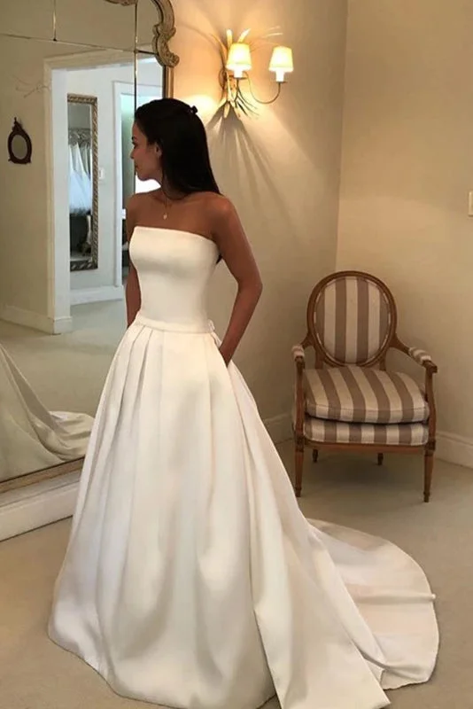 Bridal Dresses with Train for Extra Drama -A-line Ivory Strapless Wedding Dress Satin Draped Bridal Dress With Pockets OKX5 Bridal Dresses with Train for Extra Drama -A-line Ivory Strapless Wedding Dress Satin Draped Bridal Dress With Pockets OKX5