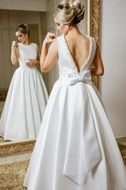 Wedding Dresses with Lace Detail for Timeless Elegance -A-Line Jewel V Back Floor-Length Satin Wedding Dress with Beads Bowknot OKR80 Wedding Dresses with Lace Detail for Timeless Elegance -A-Line Jewel V Back Floor-Length Satin Wedding Dress with Beads Bowknot OKR80