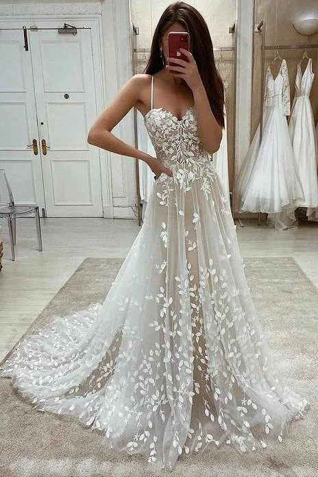 Wedding Dresses with Floral Lace Detail for Feminine Charm -A-line Lace Appliqued Spaghetti Straps Wedding Dresses ,Fashion Long Tulle Bridal Dress OKZ35 Wedding Dresses with Floral Lace Detail for Feminine Charm -A-line Lace Appliqued Spaghetti Straps Wedding Dresses ,Fashion Long Tulle Bridal Dress OKZ35
