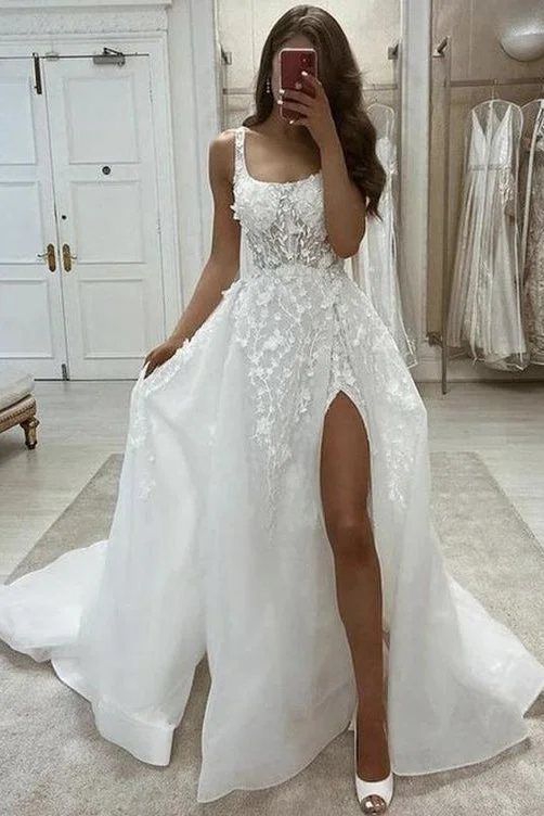 Wedding Dresses with Asymmetrical Detail for Unique Appeal -A-line Lace Appliques Split Long Wedding Dress Elegant Bridal Dress OK1005