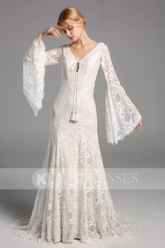 Bridesmaid Wedding Dresses for Coordinated Look -A-line Lace Long Sleeves Wedding Dresses V Neck Bridal Gowns W0028OK