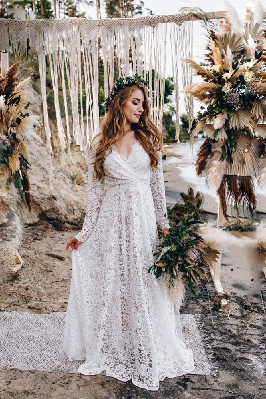 Vintage Wedding Dresses for Retro Charm -A Line Lace Long Sleeves Wedding Dress Long Pregnant Beach Maxi Gowns OKV30
